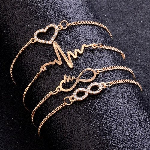 Gold Color Crystal Bracelets Set CZ Stone Heart Bracelets Bangles