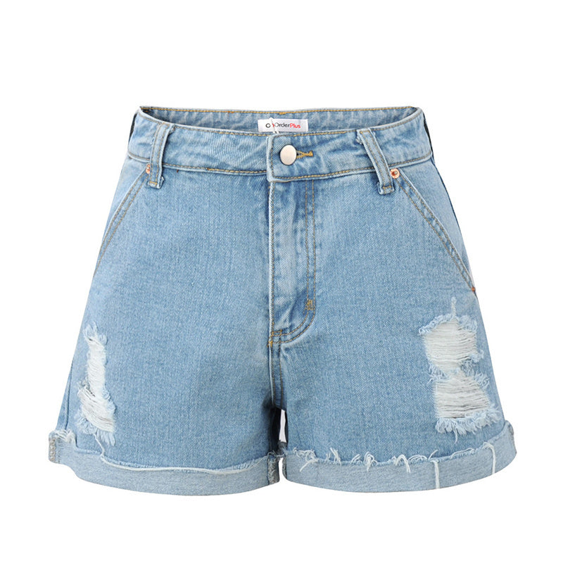 Casual Temperament Denim Rotten Edge High Waist Washed Denim Shorts