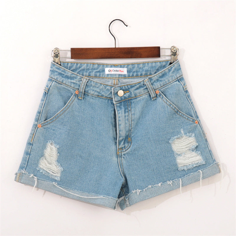 Casual Temperament Denim Rotten Edge High Waist Washed Denim Shorts